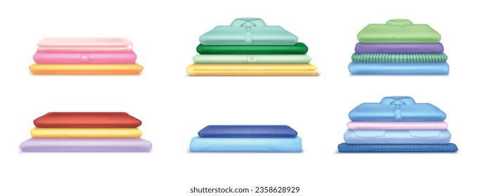 Laundry towels clothes pile stack realistic set with isolated colored icons of soft blankets and shirts vector illustration