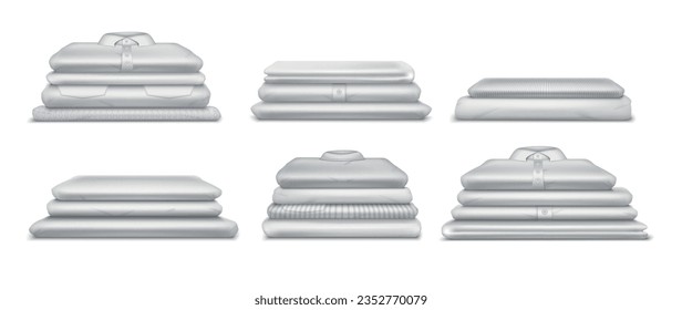 Laundry towels clothes set of realistic icons with piles and stacks of shirts blankets and bedsheets vector illustration