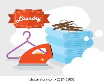 Laundry towels iron hanger and clothespins with bubbles