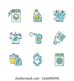 Se lanza el tipo azul y amarillo de los iconos de color RGB. Servicio de lavado de monedas, lavadora, vapor y limpieza ecológica en seco. Detergentes para lavado y agentes para el cuidado de tejidos. Ilustraciones vectoriales aisladas