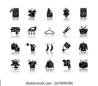 Laundry types and equipment drop shadow black glyph icons set. Laundromat, wet and dry cleaning, express laundry. Washing and ironing appliances. Isolated vector illustrations on white space