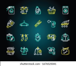 Laundry types and equipment neon light icons set. Laundromat, wet and dry cleaning, express laundry. Washing and ironing. Signs with outer glowing effect. Vector isolated RGB color illustrations