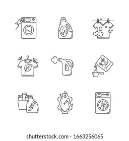 Laundry types pixel perfect linear icons set. Coin wash service, washer, steam and eco dry cleaning. Customizable thin line contour symbols. Isolated vector outline illustrations. Editable stroke