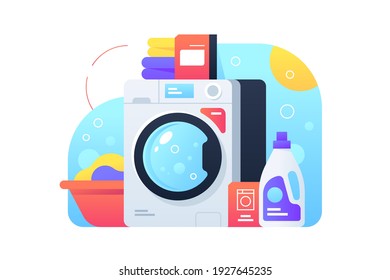 Laundry using washing machine with powder and cleaning products. Isolated icon concept of modern clothes clean using bubble. Vector illustration.