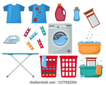 Laundry vector icon set. Different objects: washing machine, iron, ironing board, laundry basket, clothespins and washing chemicals bottles. Flat design illustration.
