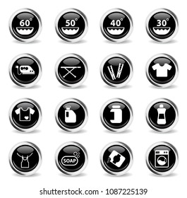 laundry vector icons - black round chrome buttons