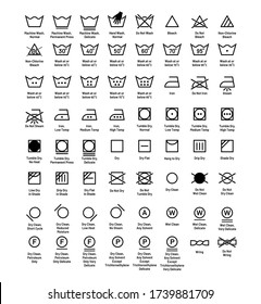 Laundry vector icons full collection set. Laundry symbols with description.