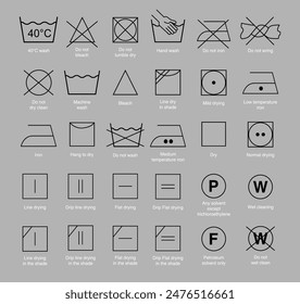 Laundry Vector Icons set full collection, Icon set of laundry symbols vector illustration, Laundry and ironing vector symbols isolated, machine wash flat vector icons, clothes washing instruction.