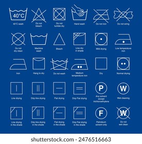 Laundry Vector Icons set full collection, Icon set of laundry symbols vector illustration, Laundry and ironing vector symbols isolated, machine wash flat vector icons, clothes washing instruction.