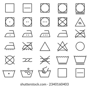 Laundry Vector Icons set. Washing symbols. Care clothes instructions on labels, machine or hand washing signs.