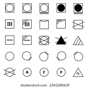 Laundry Vector Icons set. Washing symbols. Care clothes instructions on labels, machine or hand washing signs.