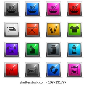 laundry vector icons in square colored buttons for web and user interface design