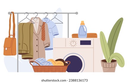 Lavandería. Ilustración vectorial. Lavandería con lavadora de ropa de uso común La metáfora de la ropa de secar en las perchas reduce las arrugas La metáfora de la ropa de lavandería inspira crecimiento personal Limpieza ropa sucia