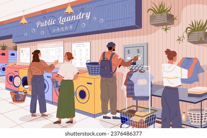 Lavandería. Ilustración vectorial. Eliminar las arrugas de la ropa mejora la apariencia Lavado de ropa garantiza un espacio de vida fresco El servicio de lavandería ofrece comodidad y eficiencia Lavado de manos
