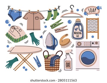 Laundry vector illustration set. Washing machine, hanging wet clothes, clothespins, a laundry basket. Cleaning spray, bleach, bubble soap, an iron. Hand drawn flat colorful clipart. Chore, housework