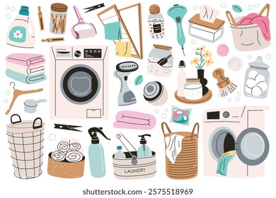 Laundry vector illustrations set, doodle collection of washing machines, detergents, clean towels, baskets, cleaning tools for home, household equipment and fabric care, storage orginization at home