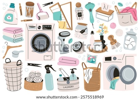 Laundry vector illustrations set, doodle collection of washing machines, detergents, clean towels, baskets, cleaning tools for home, household equipment and fabric care, storage orginization at home