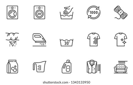 Laundry Vector Line Icons Set. Automatic Wash, Hand Wash. Dry Cleaning of Outerwear and Upholstered Furniture. Editable Stroke. 48x48 Pixel Perfect.