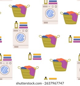 Laundry vector seamless pattern. Dirty clothes in basket, washing machine and detergents. Laundry illustration on white background.