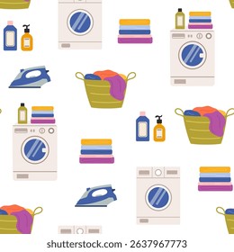 Laundry vector seamless pattern. Dirty clothes in basket, washing machine, steam iron and detergents. Laundry illustration on white background.