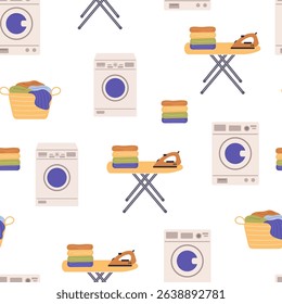 Laundry vector seamless pattern. Dirty clothes in basket, washing machine, steam iron and a stack of clean linen. Laundry illustration on white background.