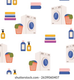 Laundry vector seamless pattern. Dirty clothes in basket, washing machine and detergents. Laundry illustration on white background.