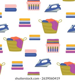 Laundry vector seamless pattern. Dirty clothes in basket, washing machine and steam iron. Laundry illustration on white background.
