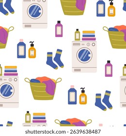 Laundry vector seamless pattern. Dirty clothes in basket, washing machine and detergents. Laundry illustration on white background.