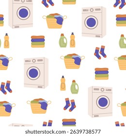 Laundry vector seamless pattern. Dirty clothes in basket, washing machine, dirty socks, detergents and a stack of clean linen. Laundry illustration on white background.