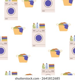 Laundry vector seamless pattern. Dirty clothes in basket, washing machine and detergents in plastic bottles. Laundry illustration on white background.