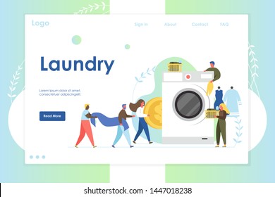 Laundry vector website template, web page and landing page design for website and mobile site development. Tiny people loading big washing machine and putting coin into it. Self-service laundry.