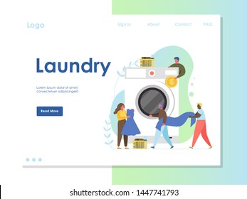 Laundry vector website template, web page and landing page design for website and mobile site development. Coin laundry service concept with tiny characters and big washer.