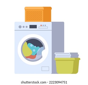 Laundry wash basket machine clean service abstract concept. Vector graphic design element illustration