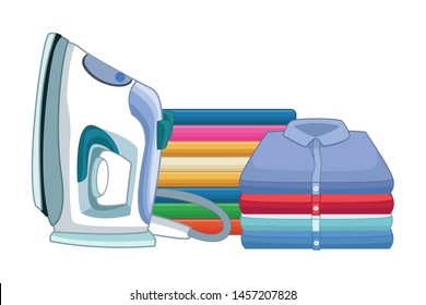 laundry wash and cleaning clothes iron and folded clothes icon cartoon vector illustration graphic design