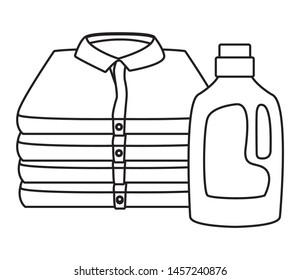 laundry wash and cleaning detergent bottle and folded clothes icon cartoon in black and white vector illustration graphic design