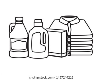 laundry wash and cleaning detergent bottle, bleach and folded clothes icon cartoon in black and white vector illustration graphic design