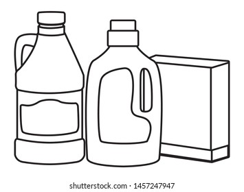 laundry wash and cleaning detergent bottle and box and bleach icon cartoon in black and white vector illustration graphic design