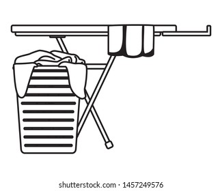 laundry wash and cleaning dirty clothes in a basket next to an ironing board icon cartoon in black and white vector illustration graphic design