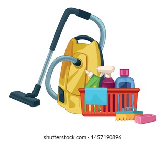 laundry wash and cleaning liquid soap, spray cleaner and cleaning shampoo into a cleanliness basket with a cloth, scrum brush, soap bar and vacuum cleaner icon cartoon vector illustration graphic