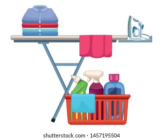 laundry wash and cleaning liquid soap, spray cleaner and cleaning shampoo into a cleanliness basket with a cloth, clothes iron, folded clothes over an ironing board icon cartoon vector illustration