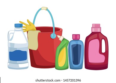 laundry wash and cleaning liquid soap, cleaning shampoo and cleaning bucket with glove and a cloth, detergent bottle and bleach icon cartoon vector illustration graphic design