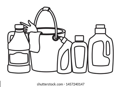 laundry wash and cleaning liquid soap, cleaning shampoo and cleaning bucket with glove and a cloth, detergent bottle and bleach icon cartoon in black and white vector illustration graphic design