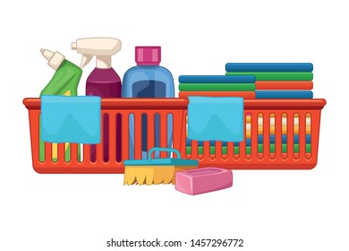 laundry wash and cleaning liquid soap, spray cleaner and cleaning shampoo into a cleanliness basket with a cloth, soap bar and folded clothes in a cleanlines basket icon cartoon vector illustration
