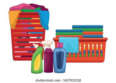 laundry wash and cleaning liquid soap, spray cleaner, cleaning shampoo and folded clothes in a cleanlines basket and dirty clothes in a basket icon cartoon vector illustration graphic design