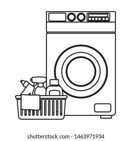 laundry wash and cleaning liquid soap, spray cleaner, cleaning shampoo into a cleanliness basket with a cloth and washing machine icon cartoon in black and white vector illustration graphic design