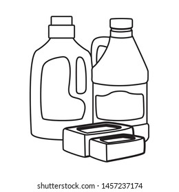 laundry wash and cleaning soap bar, detergent bottle and bleach icon cartoon in black and white vector illustration graphic design