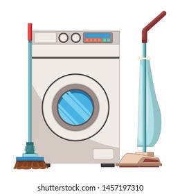 laundry wash and cleaning vacuum cleaner, broom and washing machine icon cartoon vector illustration graphic design