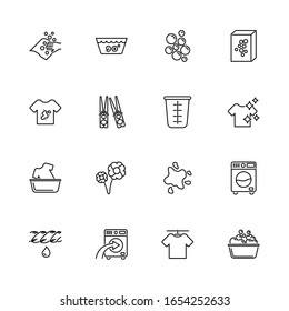 Laundry, Wash Clothes, Clean outline icons set - Black symbol on white background. Laundry, Wash, Clean Simple Illustration Symbol - lined simplicity Sign. Flat Vector thin line Icon - editable stroke