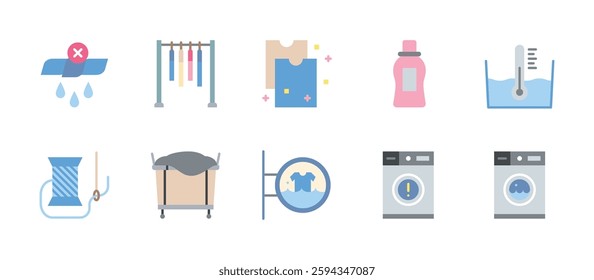 laundry wash clothes icons. flat color style icon set