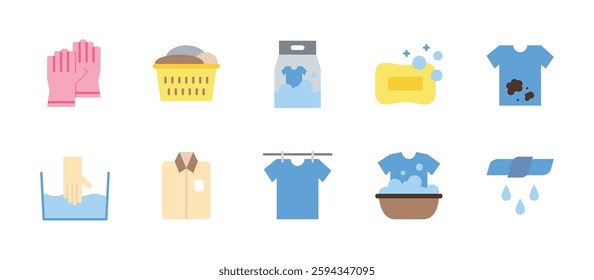 laundry wash clothes icons. flat color style icon set